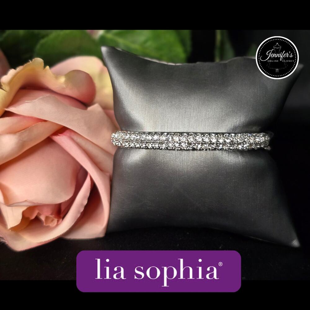Lia Sophia "Glitterati" Silver Tone Three Row Cut Crystal Hinged Bangle Bracelet